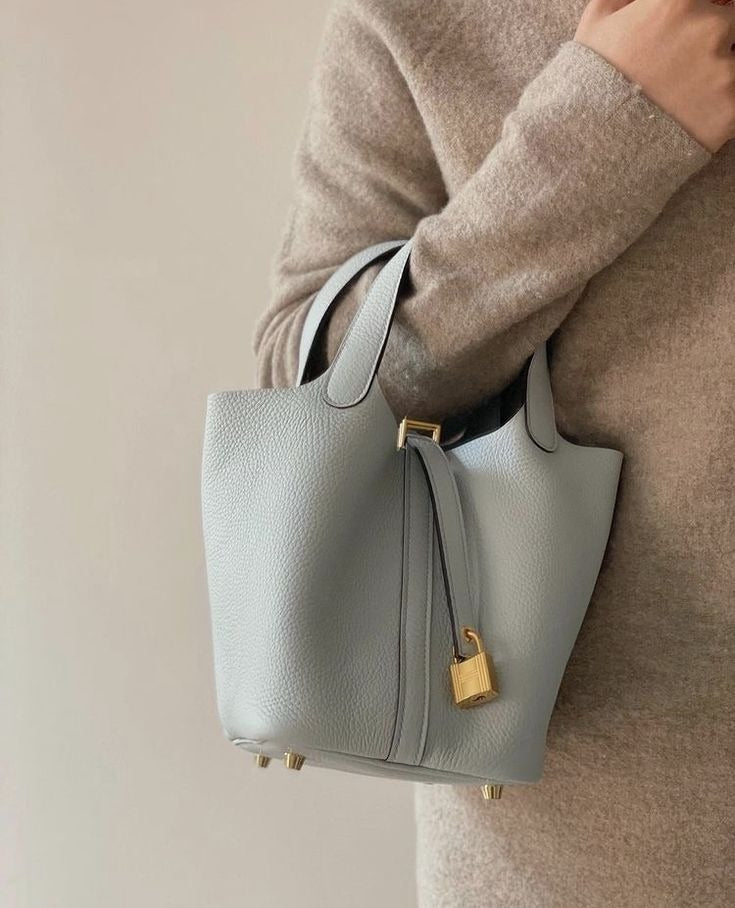 Structured Bucket Tote with Lock Detail